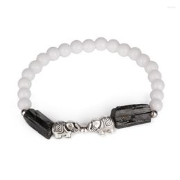 Hebra blanca brillante cuenta doble elefante encanto Natural áspero negro turmalina piedra curativa pulseras de energía para hombre mujer 2023