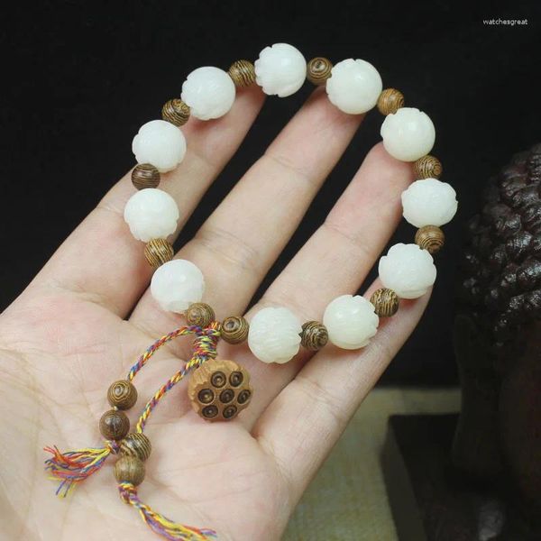Fil de Jade blanc Bodhi Lotus, Bracelet de 12mm, bricolage, cadre de porte, perles d'espacement, pendentif de gousse de graine