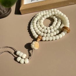 Pulsera de collar de loto natural con 108 cuentas de raíz de Bodhi de jade blanco