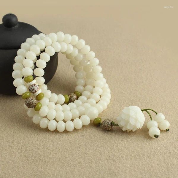 Strand branco jade bodhi raízes 108 criança buda contas pulseira feminino versátil colar longo simples acessórios de papelaria