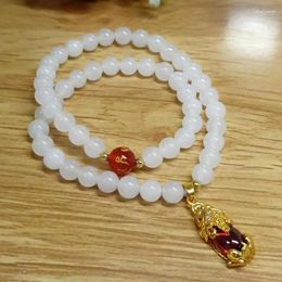 Pulsera de Jade blanco de hilo Pixiu para hombres y mujeres, Jades hetianos auténticos, amuleto de nefrita Fengshui, protección de la riqueza, pulseras de doble círculo