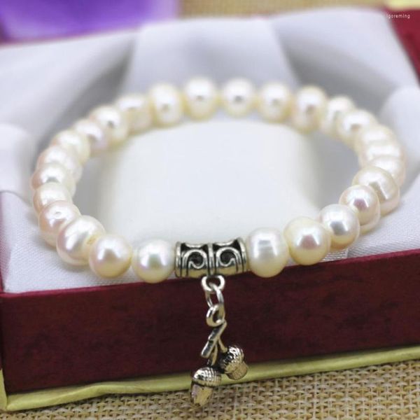 Fil de culture d'eau douce naturel blanc brin perles de perles rondes 7-8mm Bracelet élastique femmes Bracelet bijoux 7.5 pouces B3117