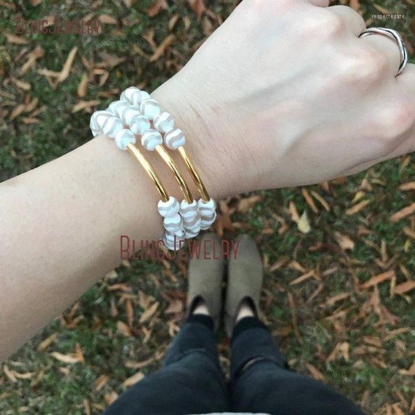Bracelet extensible en perles d'agates Dzi à motifs blancs, style Boho, barre dorée BM16022