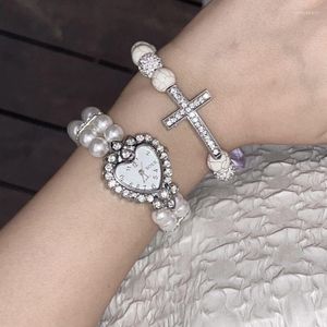 Strand White Stone Rhinestone Pave Cross Charm Beads Bracelet For Women Heart Watch Elastic Pearl Lolita Accessory Cute