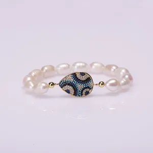 Brin blanc minuscule perle d'eau douce naturelle cuivre Micro-incrusté Zircon bleu connecteur Bracelet de perles pour femme bijoux de charme