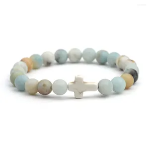 Strand Wit Turquoise Kruis Mat Veelkleurig Amazoniet Fancy Jasper Mos Agaat Rhodoniet Natuursteen Kraal Elastische armband