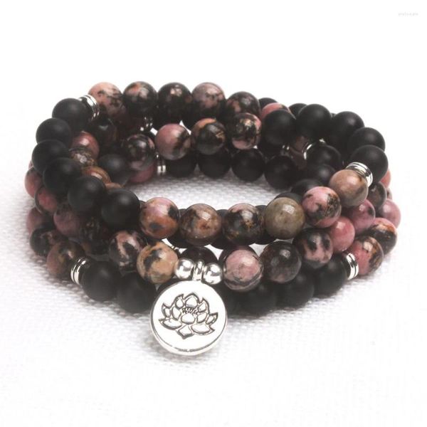 Strand Gros 108 Perles Bouddhiste Mala Wrap Stack Layer Bracelet Naturel Givré Noir Onyx Dentelle Rhodonite Avec Lotus Charm