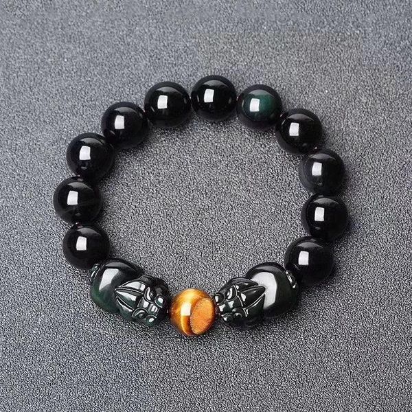 Strand Wholesale Black Natural Obsidian Bracelets Round Beads With Double PiXiu Lucky For Women Men Energy Bracelet Jewery Beaded Strands