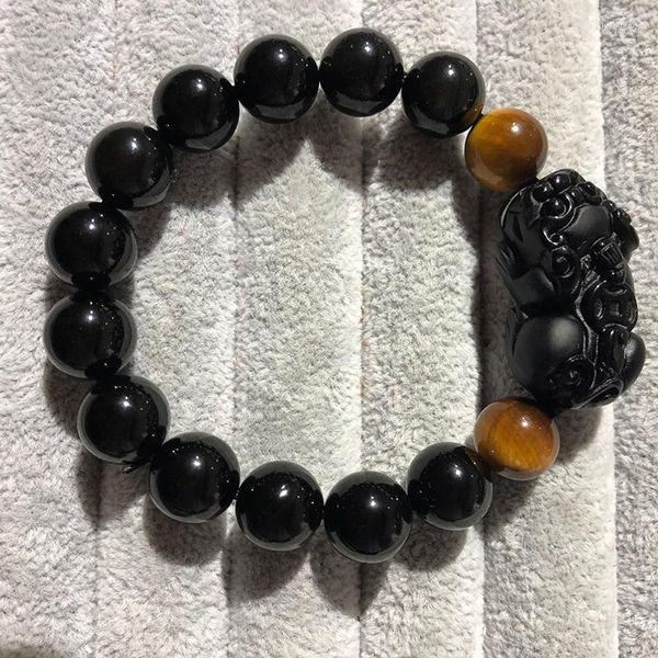 Strand, venta al por mayor, pulseras de piedra obsidiana Natural negra, cuentas redondas con Scrub Pi Xiu, pulsera de la suerte para hombres y mujeres, joyería energética