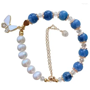 Pulsera de cristal con forma de corazón de azúcar azul para mujer, cuentas redondas con colgante de mariposa, regalo, joyería de moda, venta al por mayor