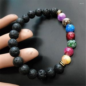 Strand gros Chakra Bracelet hommes lave noire guérison équilibre perles Reiki bouddha prière pierre naturelle pour les femmes