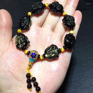 Strand, venta al por mayor, pulsera de piedra Natural de obsidiana negra dorada, pulseras de cuentas de Buda que ríen talladas, pulseras de la suerte para mujeres y hombres, joyería de moda