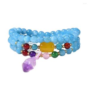 Strand Wholesale JoursNeige Bracelet en pierre naturelle bleu clair 6mm perles rondes avec pendentif en forme de cristal violet Bracelets Bijoux frais