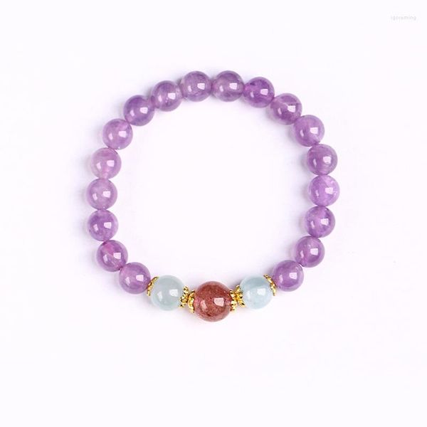 Hebra, venta al por mayor, pulsera de cristal Natural púrpura lavanda, cuenta redonda de fresa, fresca de la suerte para mujer, joyería de moda