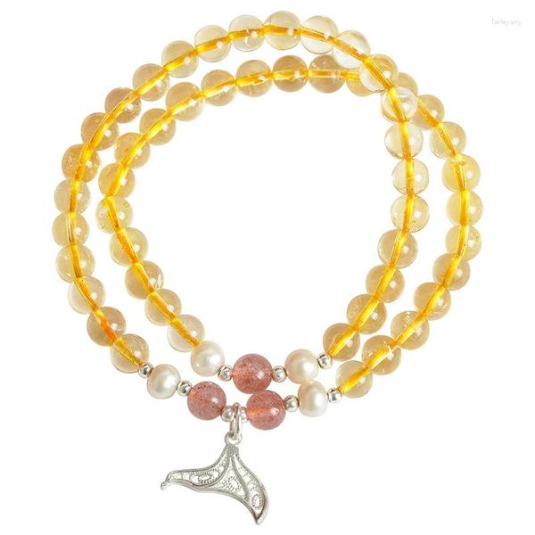 Strand, venta al por mayor, pulsera de cristal amarillo Natural, pulseras de cuentas redondas de 6mm para mujer y niña, joyería de moda de dos capas de citrino DIY