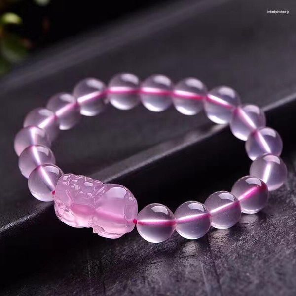 Bracelet en cristal naturel rose gros brin perles rondes avec pendentif Pixiu main chaîne chanceuse beauté pour les femmes cadeau bijoux