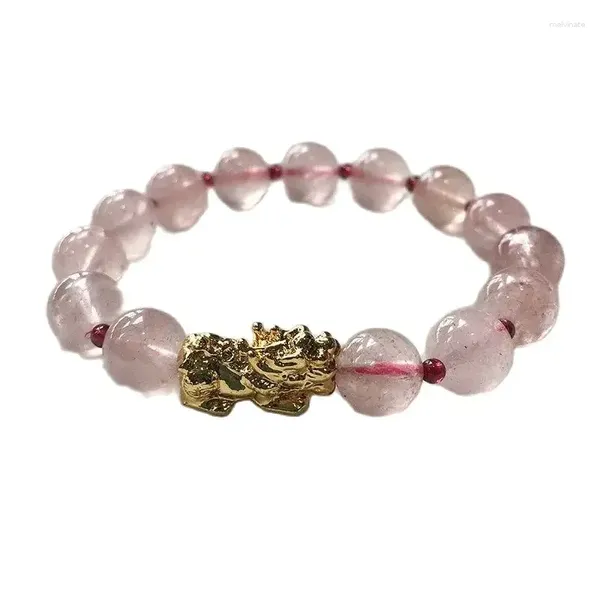 Strand al por mayor de fresa rosa pulsera de cristal natural cuentas redondas con pulsera de encanto pi xiu afortunado para mujeres joyas de moda