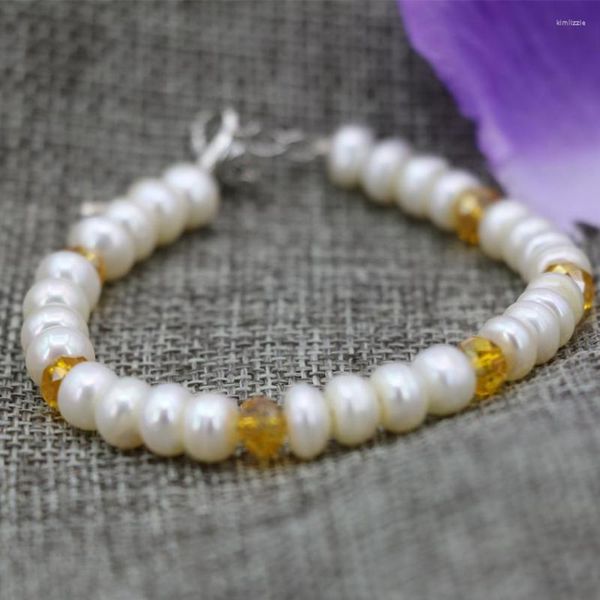 Hebra precio al por mayor blanco Natural 7-8mm perla Ábaco cuentas pulsera con cuentas mujeres broche de alta calidad Diy joyería 7,5 pulgadas B3086
