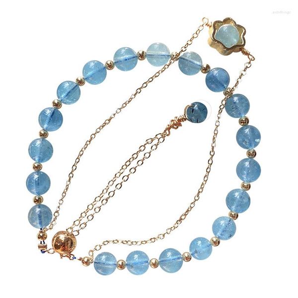 Strand, venta al por mayor, pulsera de cristal Natural azul marino, cuentas redondas DIY, doble capa, fila de mano, suerte para niña, joyería de moda para mujer