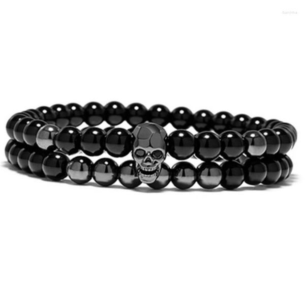 Strand gros Steampunk métal sourire crâne Bracelets ensemble élastique perles noires chaîne squelette hommes ensembles mâle main accessoires