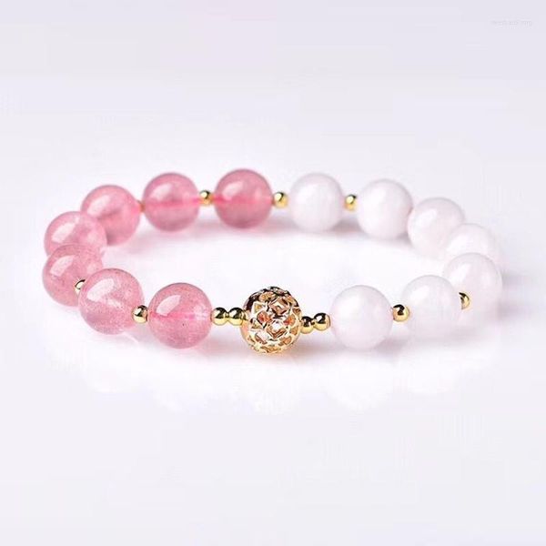 Strand gros fraise cristal naturel et pierre blanche bracelets 10mm perles rondes bracelet chanceux pour les femmes fille bijoux de mode