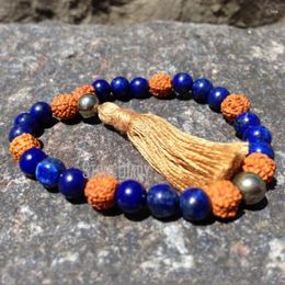 Strand WMB20871 Blue Lapis Lazuli Rudraksha Bracelet Pyrite Empilement 27 Perle Quarter Mala avec Méditation de gland