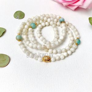 STRAND WMB43513 Moonstone Mala kralen ketting met Amazonite en Boeddha Charm Prayer 108 Pol Yoga Gift