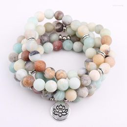 Strand Mujer 108 Beaded Bracelet Matte Frosted Amazonite Beads With Lotus