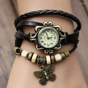 Strand Women's Casual vintage Multipley Multicouche Multicouche Butterfly Faux Leather Bracelet Wrist Watch Ladies Feme Clock Fashion