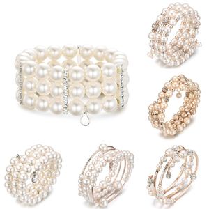 Strand Femmes Imitation Perles Bracelet Perlé Or Argent Plaqué Cristal Multicouche Manchette Bracelets Réglable Mariée Cadeau Bijoux 2023 Stra