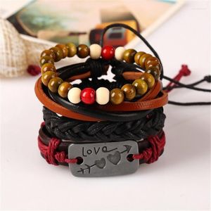 Strand Wood Bead Male One Arrow Through The Heart Pulsera de cuero Multicapa Hombres Cuerda trenzada Wrap Pulseras Ban