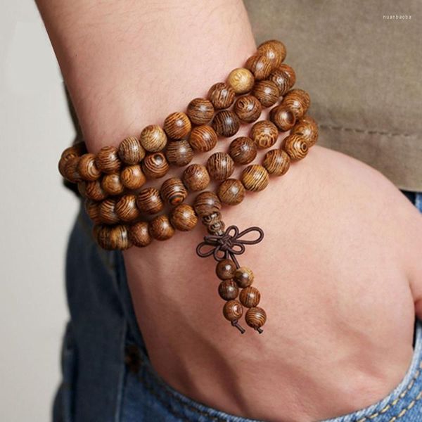 Pulsera de cuentas de madera con hebra, collar de cuentas de oración budista 108, regalo