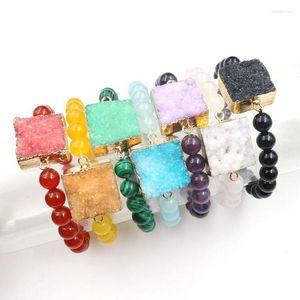 STRAND XSM NATUURLIJKE ROUNDE kralen Bracelet Kleine kristalcluster Goudkleur vierkante gevormde geverfde kleur Druse Quartz Stone Women Men Sieraden