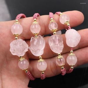 Strand XSM Natural Stone Rose Quartz Lotus Carving Hand Weaving Bracelet Yoga Reiki Healing For Women