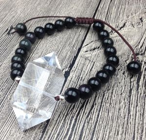 Strand YA2548 Naturel Clair Quartz Double Point Noir Obisdian Pierre 8mm Perles Rondes Cordon Noeud Bracelet Réglable