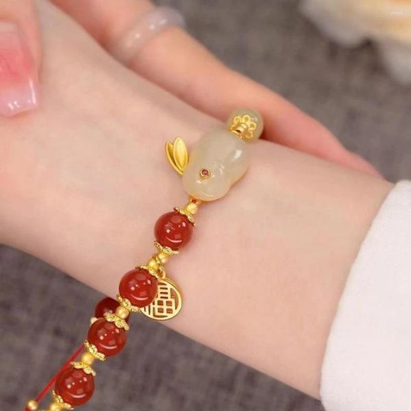 Strand año afortunado brazalete con cuentas para mujeres elegantes cuentas rojas FU FUR ​​CHARM Joya del zodiaco chino Regalos festivos