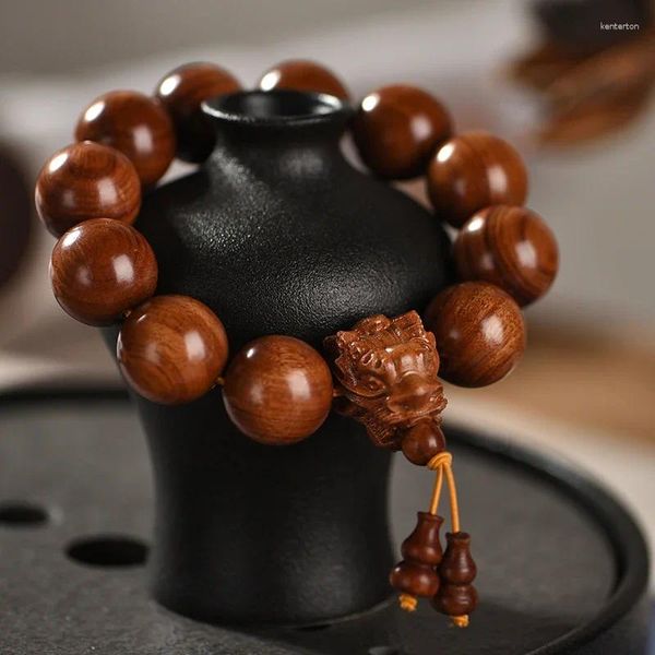 Pulsera estilo pera amarilla sin cabeza de dragón para hombres, cuentas budistas de 20mm, cuentas de oración de madera, papelería