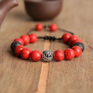 Strand Yuokiaa 10 mm Bracelet de perle en pierre naturelle de paon rouge 10 mm avec corde tissée réglable pour hommes et femmes cadeaux