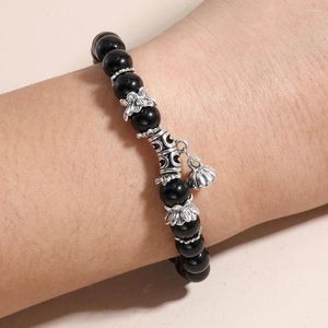 Strand Yuokiaa 8 mm naturel brillant noir agate énergie perle de pod lotus charme bracelet yoga méditation spirituelle stress soulageant les bijoux