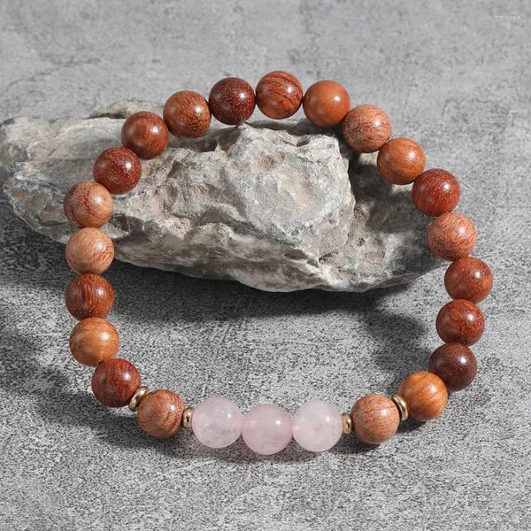 Strand Yuokiaa Elegant 8 mm Natural Pink Crystal Wood Beads Bracelet With Spiritual Healing Meditation Energy Couple Jewelry Gift