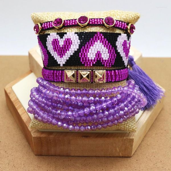 Strand ZHONGVI Miyuki joyería pulseras de corazón mexicano para mujer pulsera de regalo del Día de San Valentín joyería púrpura tejida con cuentas hechas a mano