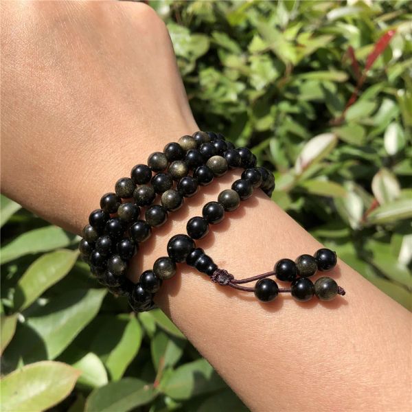 Brins 1 pc Fengbaowu Stone Natural Black Rainbow Golden Obsidian Bracelet Mala 108 Perles Rosaire Bouddha pour femmes hommes