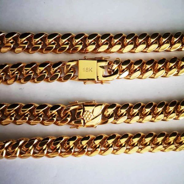 Brins 14 mm en acier inoxydable Miami Collier Collier de chaîne cubaine Bracelet Boys Hommes 18k Gold plaqué Hip Hop Dragon Lock fermoir bijoux