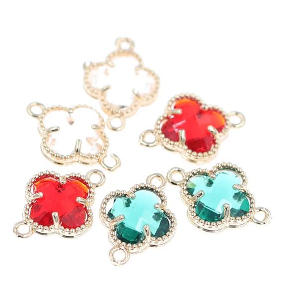 Hilos 20pcs Cloveres de flores fundidos de latón Encantos de conectores de cristal rojo Hallazgos DIY PARA Mujer Pendientes de pulsera Joyería