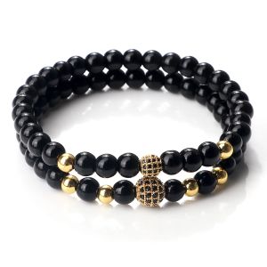 Brins 2pcs / bracelet set Fashion Men Natural Naturel Black Matte Microinlaid Zircon CZ Ball Bouded Bracelets For Women Yoga Jewelry Gift