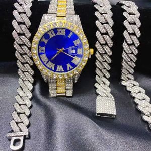 STARDS 3 stuks heren en dames dezelfde hiphop kalender horloge ketting armband sieraden set sprankelende gouden zilveren diamant Cubaanse ketting 240424
