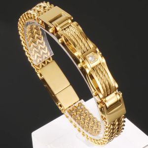 Brins 316L Bracelet en acier inoxydable bracelet or plaqué 12 mm franco liaison bracelets pour hommes avec des bijoux d'anniversaire CZ pour papa