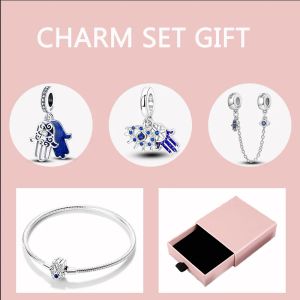 Brins 5pcs / lot argent 925 Blue Eyes Blue Eyes Charm Set main de bracelet Fatima avec boîte de mariage en boîte rose cadeau de bijoux