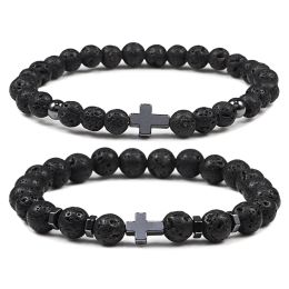 Brins 6 mm 8 mm femmes hommes prière bracelet bracelet hématite chaude croix en bois naturel perles lava pierre onyx bracelets de méditation bijoux yoga