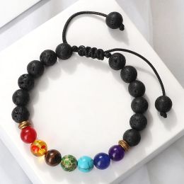 STRANDS 7 Chakra Bracelet Mannen Zwart Lava Tiger Eye Stones Healing Balance Beads Reiki Boeddha Gebed natuursteen Yoga armbanden Bangles